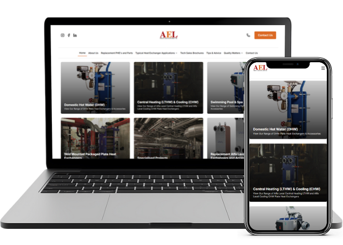 AEL Heat Exchangers website, shown on a laptop and a phone