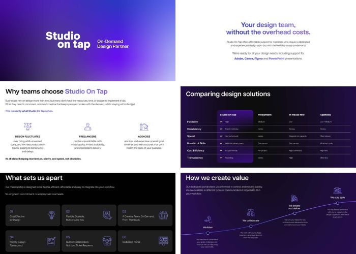 Studio On Tap pitch deck slides, from the title slide to a service comparison