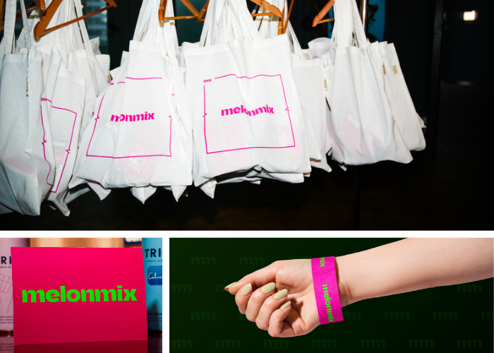 Melonmix printed tote bags, event card and wristband